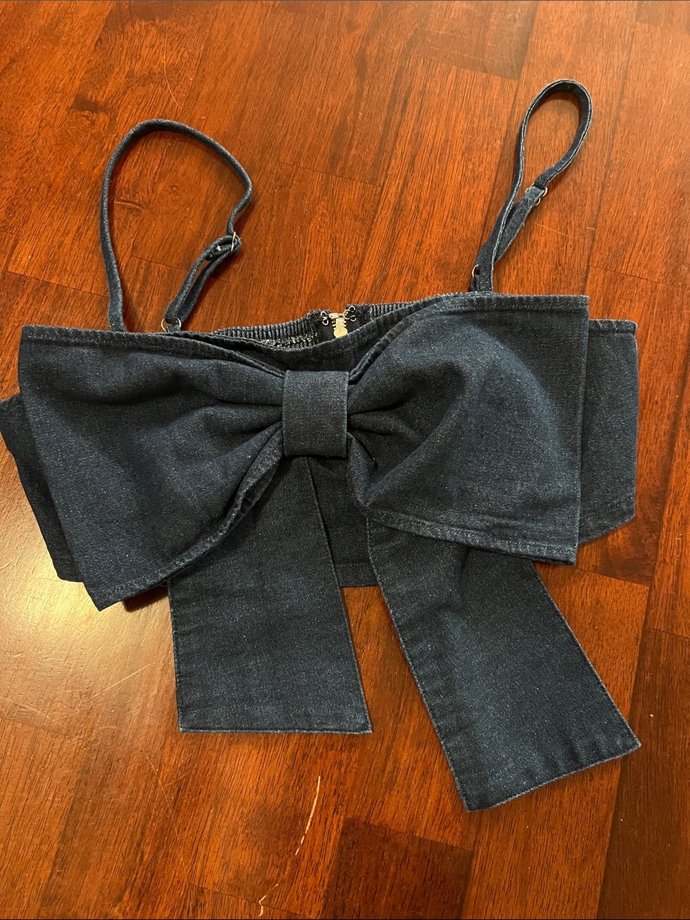 Le Lis Dark Blue Denim Bow Front Crop Top